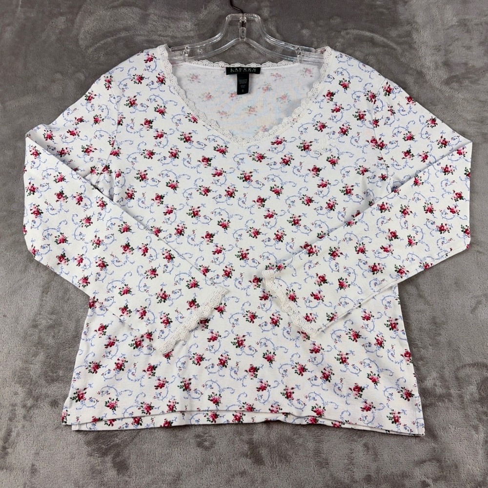 Lauren Ralph Lauren Floral Lace Trim V-Neck‎ Long Sleeve Cotton Top White Small